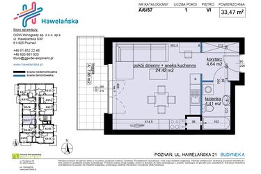 Rzut - Mieszkanie na sprzedaż 1 pokój o powierzchni 33,47 m² - numer A/6/57 w Osiedle Hawelańska etap III - bud. A
