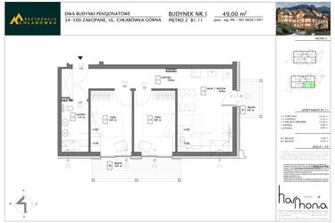 Rzut - Mieszkanie na sprzedaż 3 pokoje o powierzchni 49 m² - numer B1.11 w Rezydencja Chłabówka