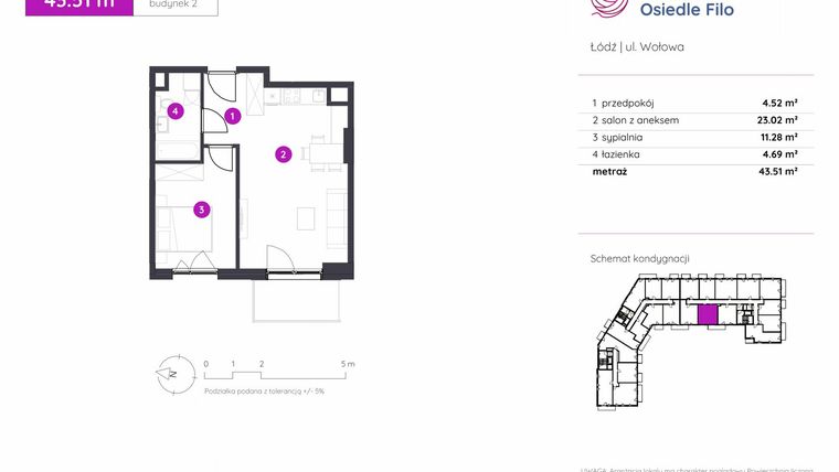 Rzut - Mieszkanie na sprzedaż 2 pokoje o powierzchni 43,51 m² - numer 2.C.1.02 w Murapol Osiedle Filo etap II