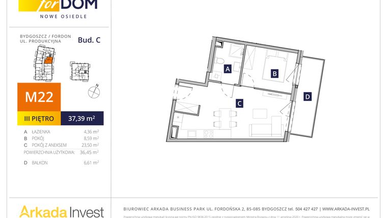 Rzut - Mieszkanie na sprzedaż 2 pokoje o powierzchni 36,42 m² - numer C22 w Osiedle forDOM – etap C