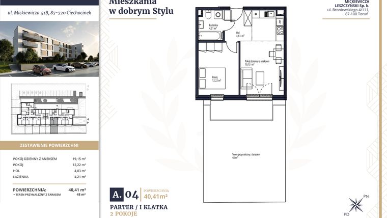 Rzut - Mieszkanie na sprzedaż 2 pokoje o powierzchni 40,41 m² - numer A4 w Mickiewicza