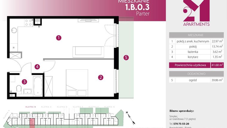 Rzut - Mieszkanie na sprzedaż 2 pokoje o powierzchni 41,68 m² - numer 1.B.0.3 w 2M Apartments etap IV
