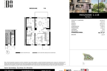 Rzut - Mieszkanie na sprzedaż 4 pokoje o powierzchni 82,75 m² - numer 1.11B w Osiedle Bo