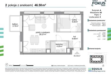 Rzut - Mieszkanie na sprzedaż 2 pokoje o powierzchni 46,5 m² - numer 65 w Osiedle Fokus Ursus