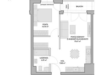Rzut - Mieszkanie na sprzedaż 2 pokoje o powierzchni 43,94 m² - numer WO/P3/40 w Wiszące Ogrody