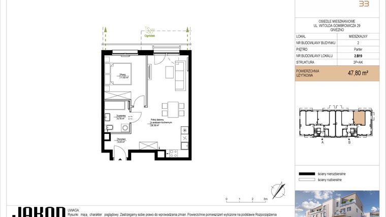 Rzut - Mieszkanie na sprzedaż 2 pokoje o powierzchni 47,8 m² - numer 2.B19 w Gombrowicza 33 - etap II