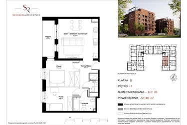 Rzut - Mieszkanie na sprzedaż 3 pokoje o powierzchni 57,48 m² - numer B-01-06 w Siedlecka Residence