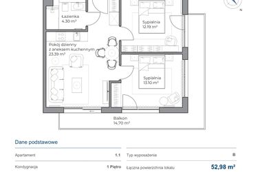 Rzut - Mieszkanie na sprzedaż 3 pokoje o powierzchni 52,83 m² - numer B.1.1 w Anchoria Holiday