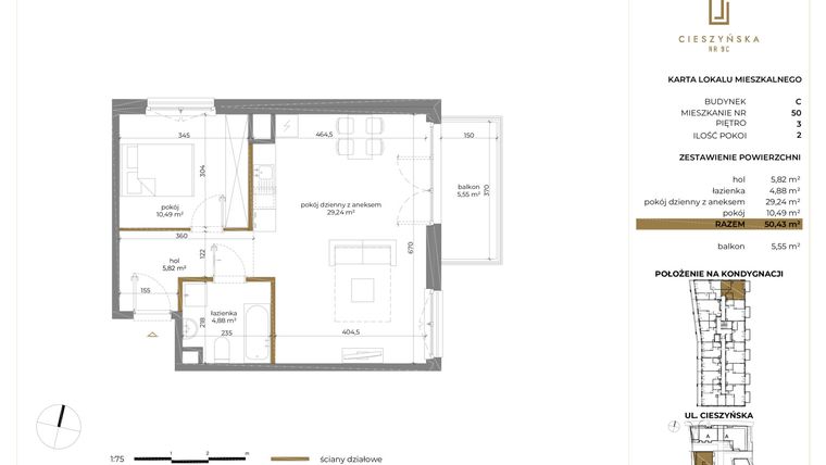 Rzut - Mieszkanie na sprzedaż 2 pokoje o powierzchni 50,43 m² - numer C-50 w Cieszyńska 9 budynek B i C