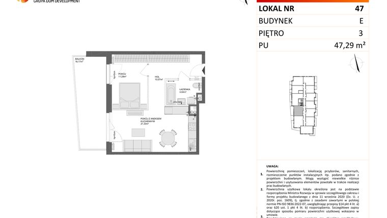 Rzut - Mieszkanie na sprzedaż 2 pokoje o powierzchni 47,29 m² - numer E.47 w Osiedle Synteza etap IV