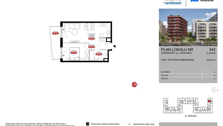 Rzut - Mieszkanie na sprzedaż 2 pokoje o powierzchni 43,83 m² - numer A.343 w Modern Mokotów
