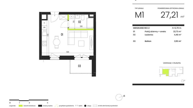 Rzut - Mieszkanie na sprzedaż 1 pokój o powierzchni 27,21 m² - numer NO.1.3 w Ogrody Staromiejskie