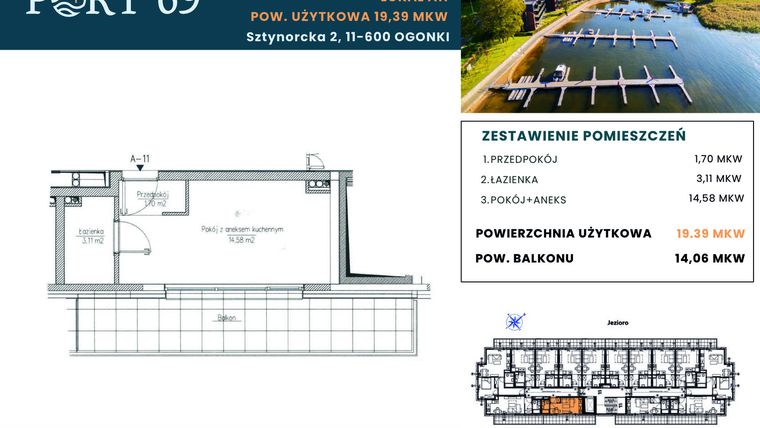 Rzut - Mieszkanie na sprzedaż 1 pokój o powierzchni 19,37 m² - numer A-11 w Port 69