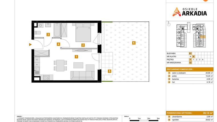 Rzut - Mieszkanie na sprzedaż 2 pokoje o powierzchni 39,12 m² - numer B1.52 w Osiedle Arkadia etap 2