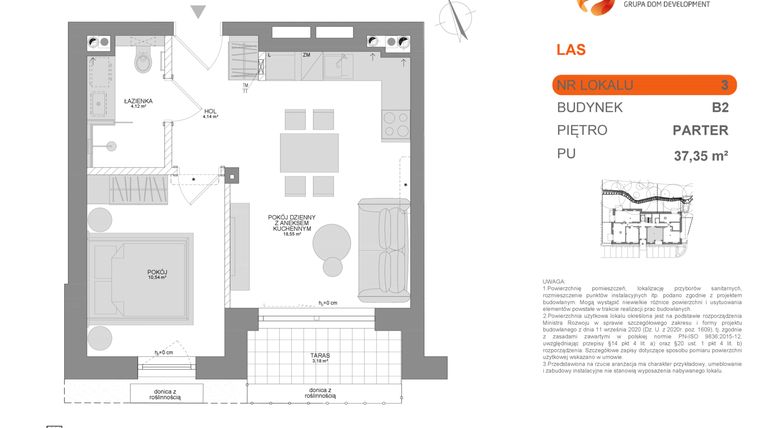 Rzut - Mieszkanie na sprzedaż 2 pokoje o powierzchni 37,35 m² - numer B2 3 w Las