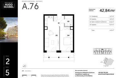 Rzut - Mieszkanie na sprzedaż 2 pokoje o powierzchni 42,84 m² - numer A.76 w Browar HUGO SCOBEL
