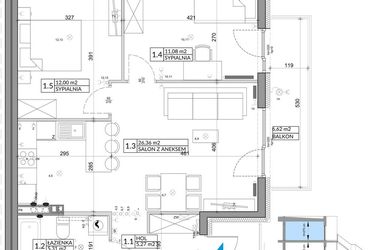 Rzut - Mieszkanie na sprzedaż 3 pokoje o powierzchni 62,11 m² - numer 42B w Osiedle Młodych etap V