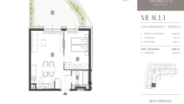 Rzut - Mieszkanie na sprzedaż 2 pokoje o powierzchni 40,81 m² - numer M.1.1 w Zamoyskiego 31