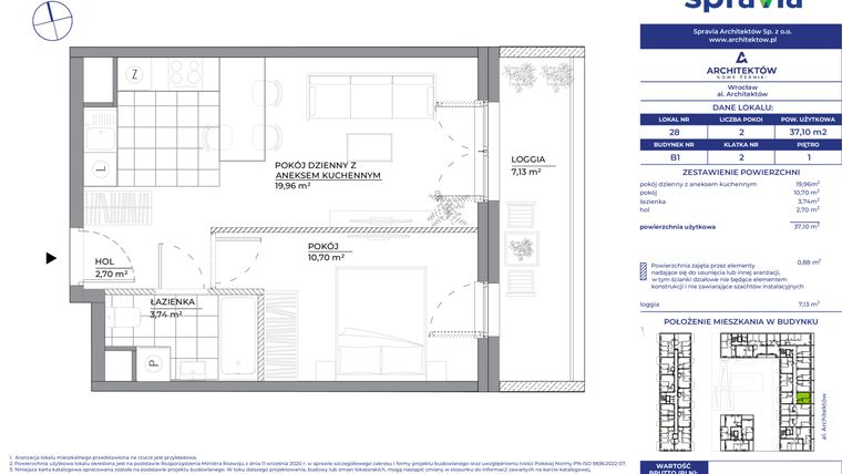 Rzut - Mieszkanie na sprzedaż 2 pokoje o powierzchni 37,1 m² - numer B1_28 w Architektów