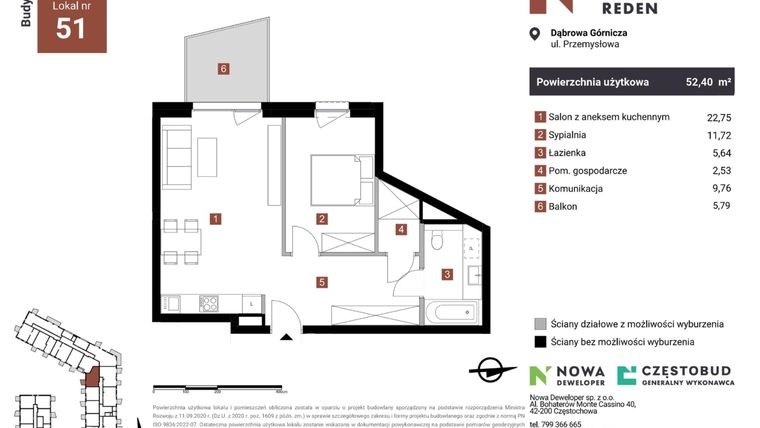 Rzut - Mieszkanie na sprzedaż 2 pokoje o powierzchni 52,4 m² - numer A51-I w Nowy Reden