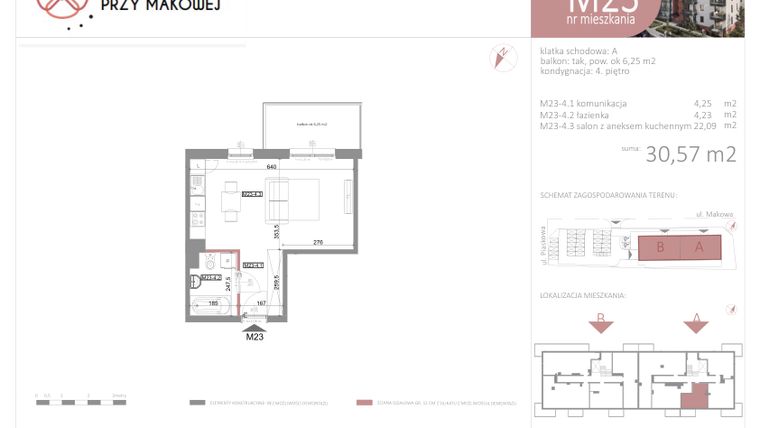 Rzut - Mieszkanie na sprzedaż 1 pokój o powierzchni 30,57 m² - numer 23 w Przy Makowej