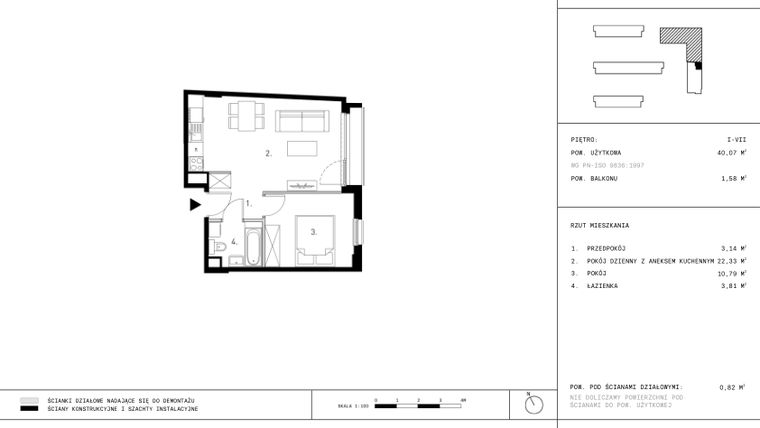 Rzut - Mieszkanie na sprzedaż 2 pokoje o powierzchni 40,13 m² - numer D2.3 w Wynalazek 3A
