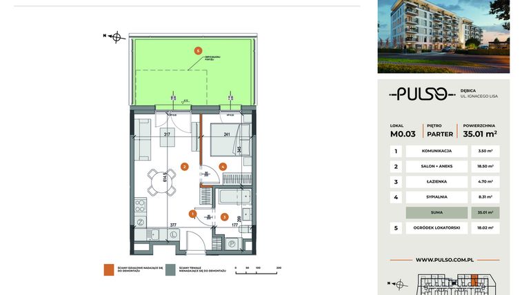 Rzut - Mieszkanie na sprzedaż 2 pokoje o powierzchni 35,01 m² - numer M0.03 w Pulso