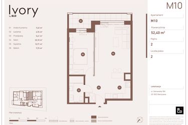 Rzut - Mieszkanie na sprzedaż 2 pokoje o powierzchni 52,4 m² - numer M10 w Ivory