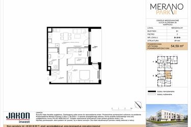 Rzut - Mieszkanie na sprzedaż 3 pokoje o powierzchni 54,59 m² - numer B1.B19 w Merano Park II