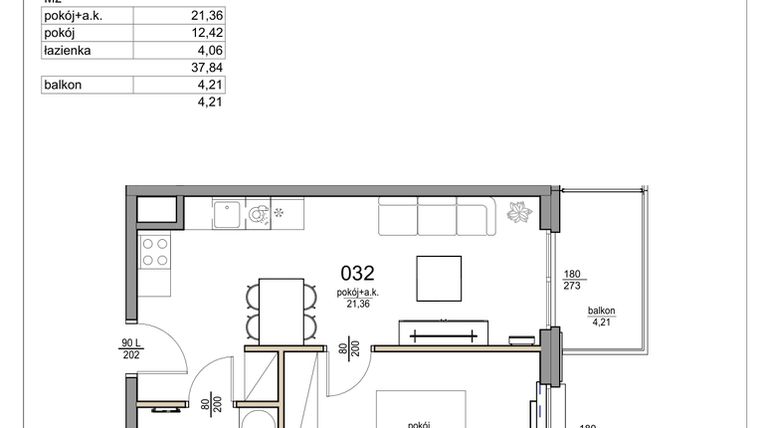 Rzut - Mieszkanie na sprzedaż 2 pokoje o powierzchni 37,84 m² - numer 32 w Rezydencja Liwska 3