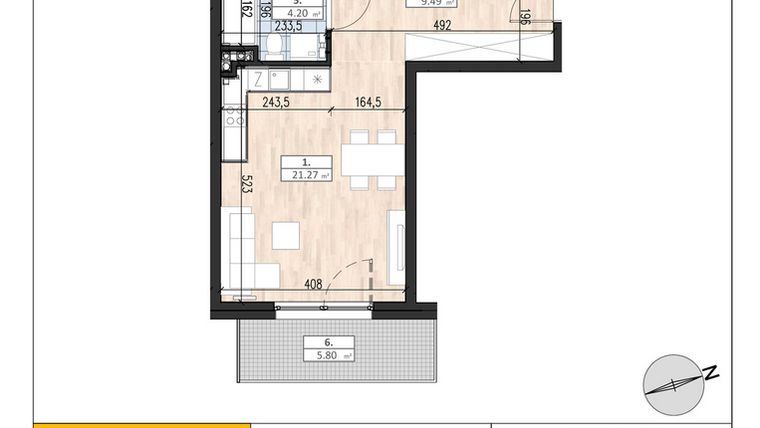 Rzut - Mieszkanie na sprzedaż 3 pokoje o powierzchni 57,68 m² - numer B2/1/1 w ACCANTO