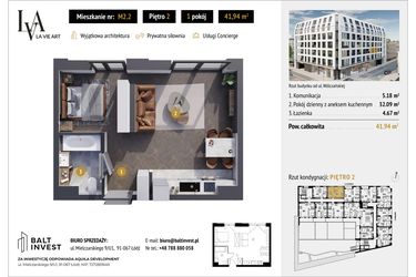Rzut - Mieszkanie na sprzedaż 1 pokój o powierzchni 41,94 m² - numer M2.2 w La Vie Art