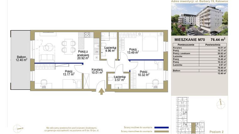 Rzut - Mieszkanie na sprzedaż 4 pokoje o powierzchni 76,44 m² - numer 70 w Barbary 19