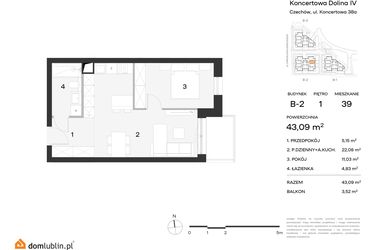 Rzut - Mieszkanie na sprzedaż 1 pokój o powierzchni 43,09 m² - numer 39 w Koncertowa Dolina
