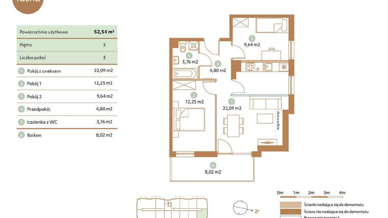 Rzut - Mieszkanie na sprzedaż 3 pokoje o powierzchni 52,54 m² - numer D50-3 w Fauna