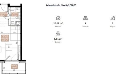 Rzut - Mieszkanie na sprzedaż 1 pokój o powierzchni 26,02 m² - numer SWA/2/26/C w Apartamenty Świeradowska