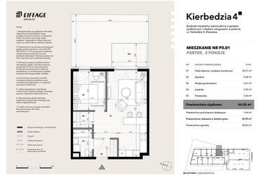 Rzut - Mieszkanie na sprzedaż 2 pokoje o powierzchni 44,05 m² - numer P0.01 w Kierbedzia 4