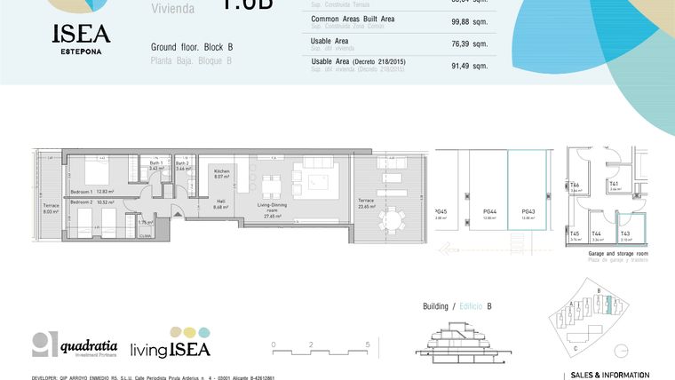 Rzut - Mieszkanie na sprzedaż 2 pokoje o powierzchni 76,39 m² - numer 1.6B w Isea - Estepona