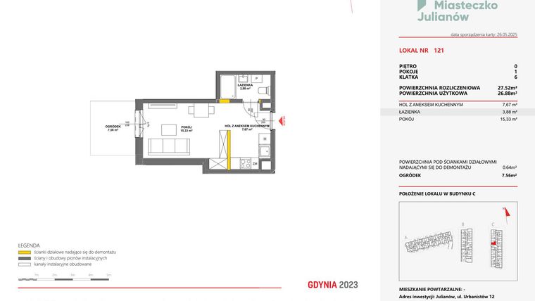 Rzut - Mieszkanie na sprzedaż 1 pokój o powierzchni 27,52 m² - numer 121 w Miasteczko Julianów