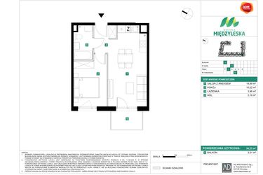 Rzut - Mieszkanie na sprzedaż 2 pokoje o powierzchni 36,23 m² - numer 52 w Osiedle Międzyleska - etap II