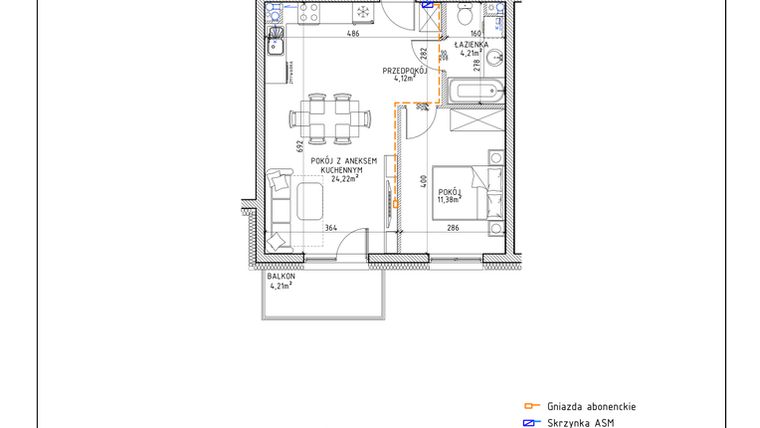 Rzut - Mieszkanie na sprzedaż 2 pokoje o powierzchni 43,93 m² - numer 44 w Osiedle OdNowa K5