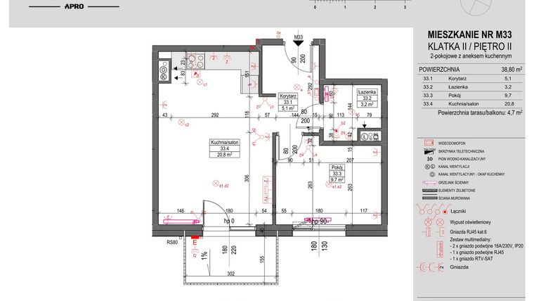 Rzut - Mieszkanie na sprzedaż 2 pokoje o powierzchni 38,8 m² - numer M33 w Antczaka 46