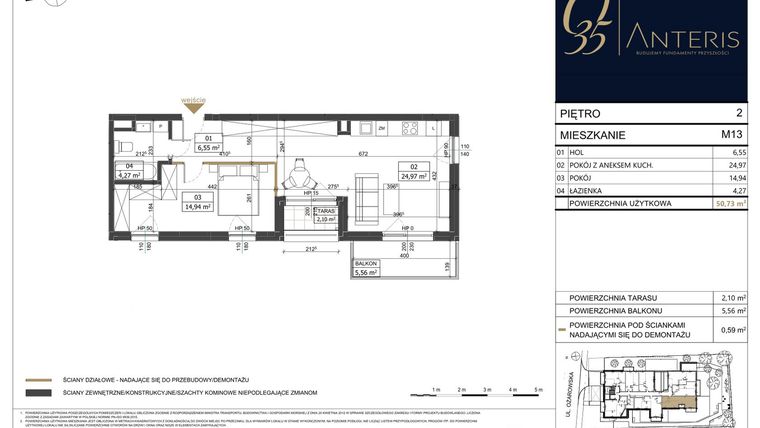 Rzut - Mieszkanie na sprzedaż 2 pokoje o powierzchni 50,73 m² - numer M.13 w Ożarowska 35