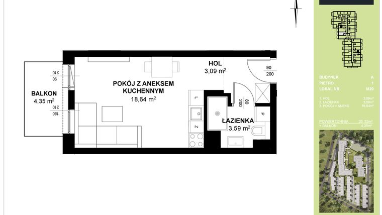 Rzut - Mieszkanie na sprzedaż 1 pokój o powierzchni 25,32 m² - numer A_M20 w Triton Kampinos III