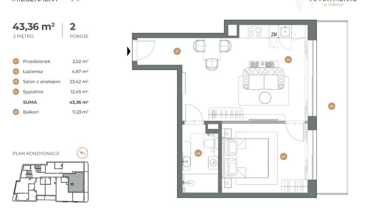 Rzut - Mieszkanie na sprzedaż 2 pokoje o powierzchni 43,36 m² - numer 11 w Witkiewicza Apartments