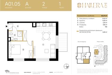 Rzut - Mieszkanie na sprzedaż 2 pokoje o powierzchni 43,31 m² - numer A.01.05 w Hallera 140