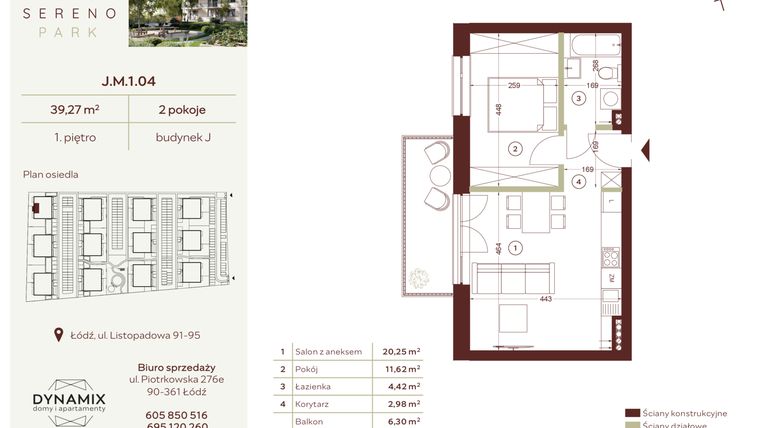 Rzut - Mieszkanie na sprzedaż 2 pokoje o powierzchni 39,27 m² - numer J.M.1.04 w Sereno Park