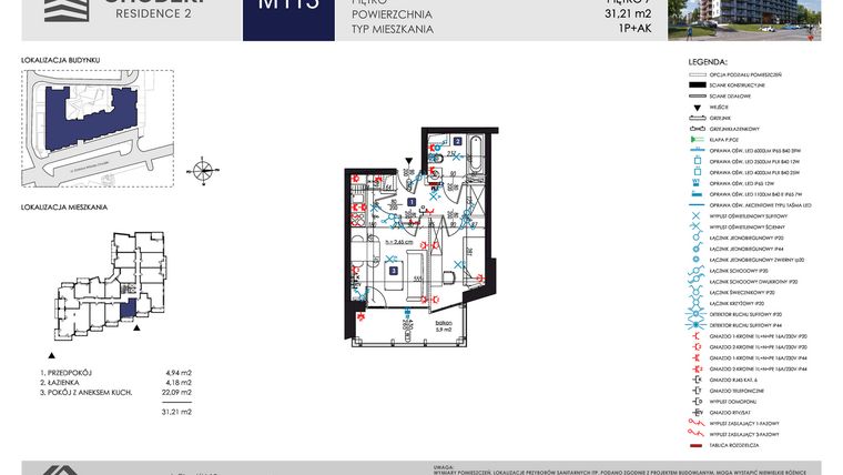 Rzut - Mieszkanie na sprzedaż 1 pokój o powierzchni 31,21 m² - numer M113 w Chodźki Residence 2