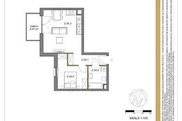 Rzut - Mieszkanie na sprzedaż 2 pokoje o powierzchni 43,77 m² - numer 34 w Osiedle Sfera etap II