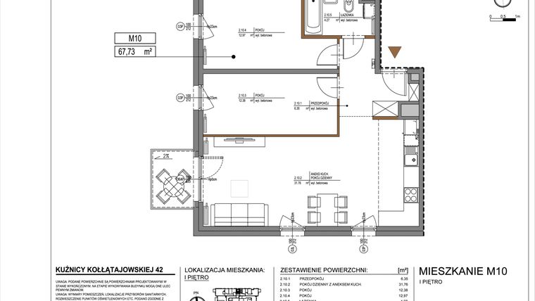 Rzut - Mieszkanie na sprzedaż 3 pokoje o powierzchni 67,73 m² - numer M10 w Kuźnicy Kołłątajowskiej 42